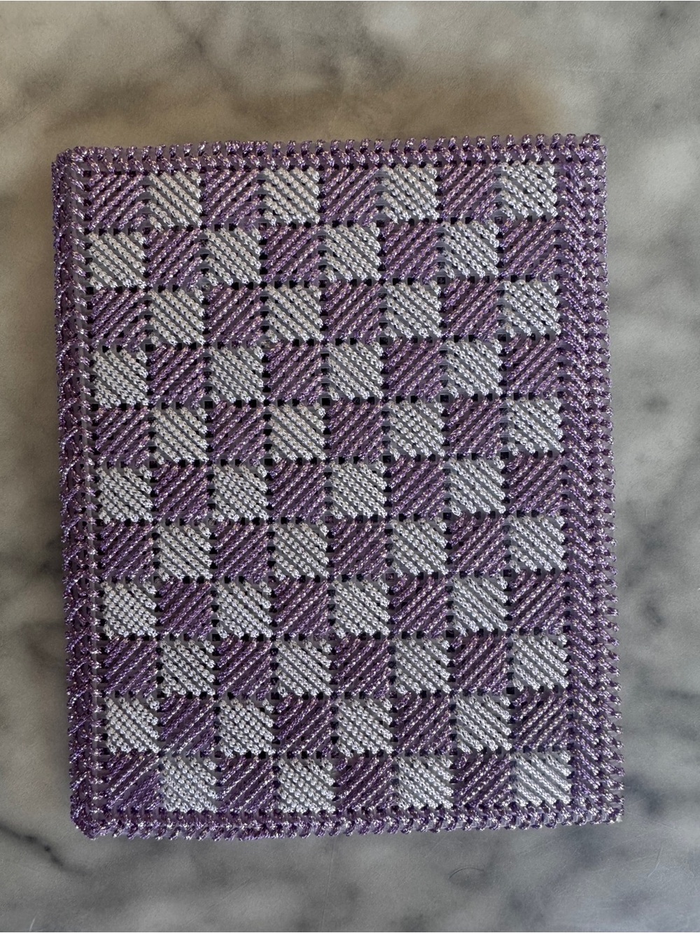 Purple White Beaded Checkered Clutch Bag
